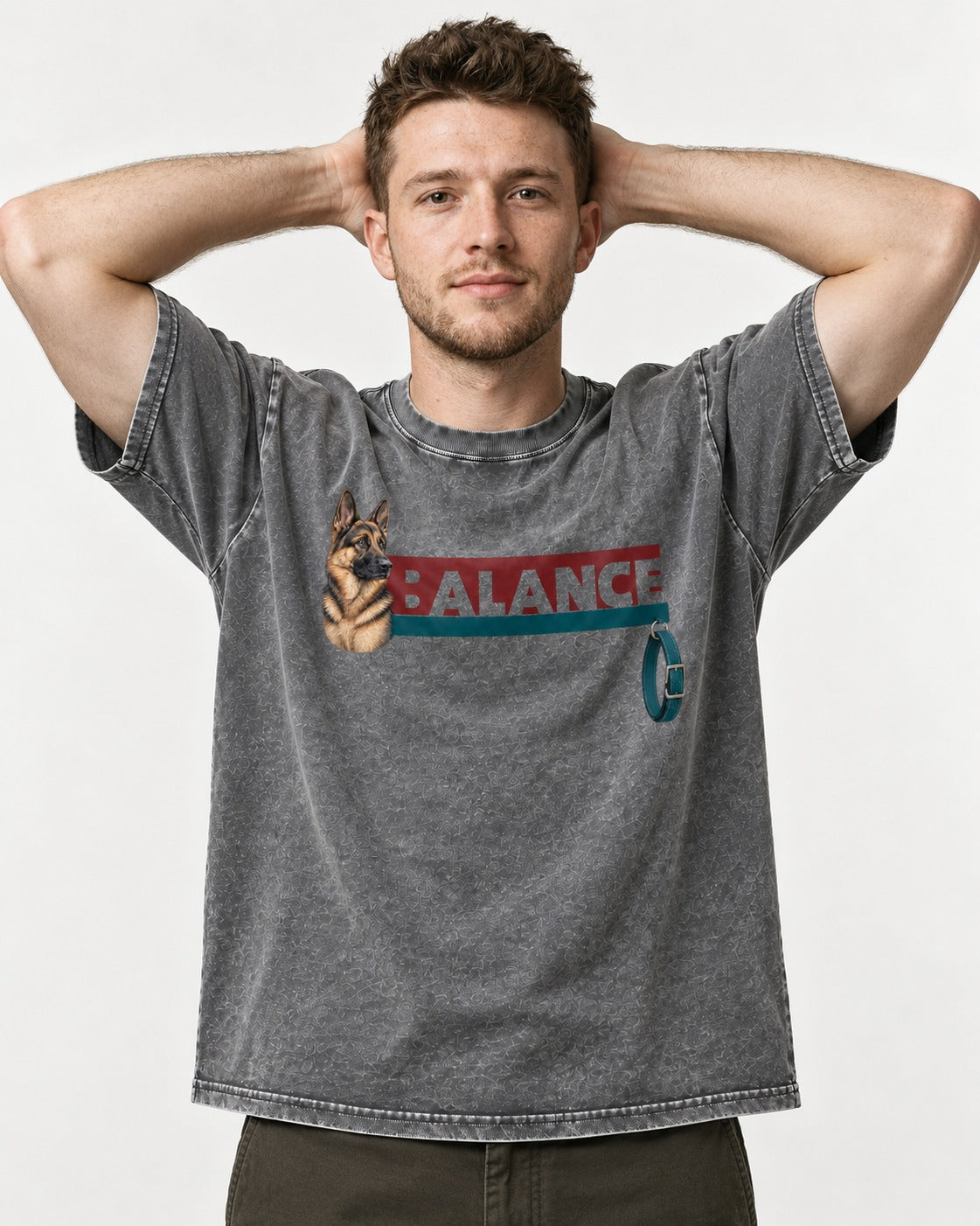 German Shepherd Dog Balance Washed Tee in Gray, worn by a model