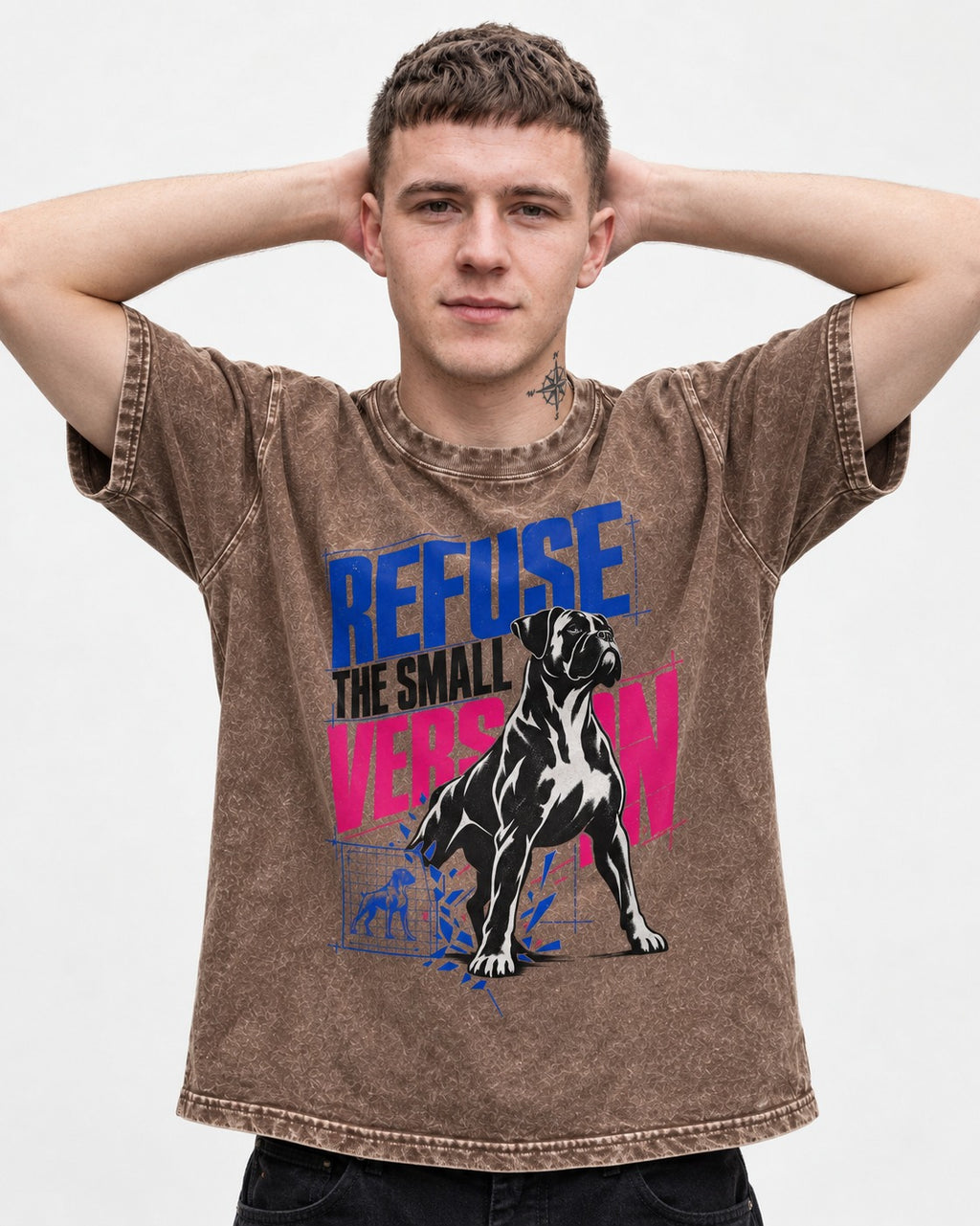 Boxer Refuse the Small Version Washed Tee in Coffee, worn by a model