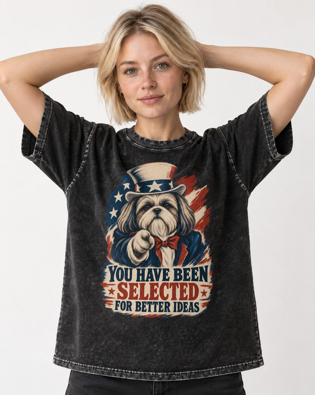 Shih Tzu You Have Been Selected Uncle Sam Graphic Washed Tee in Black, worn by a model