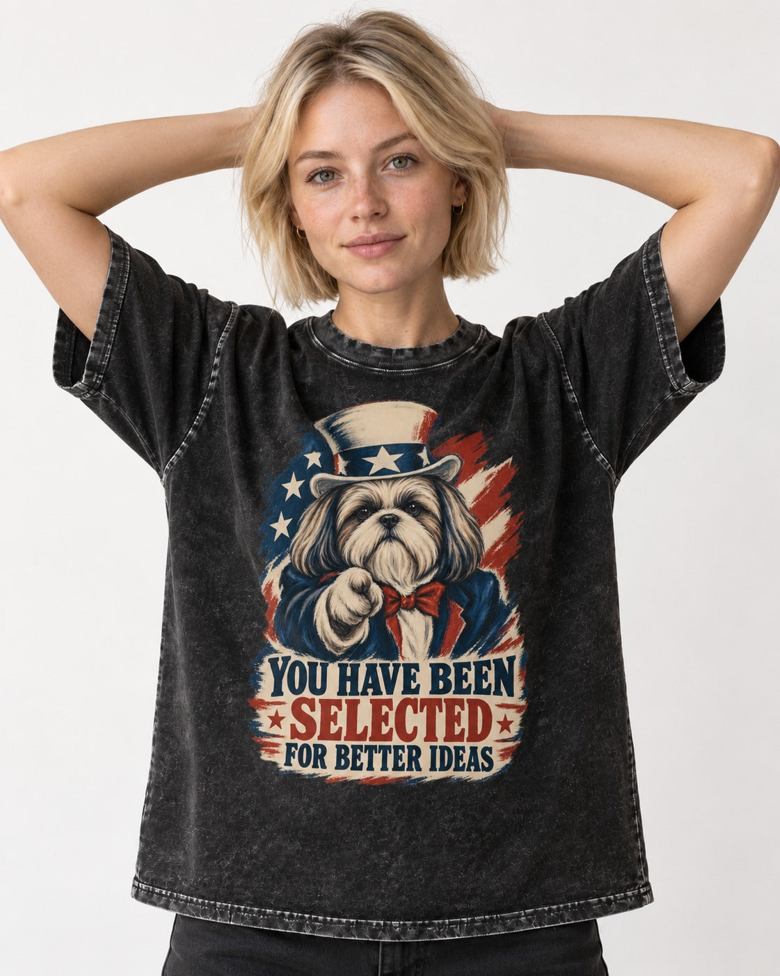 Shih Tzu You Have Been Selected Uncle Sam Graphic Washed Tee in Black, worn by a model