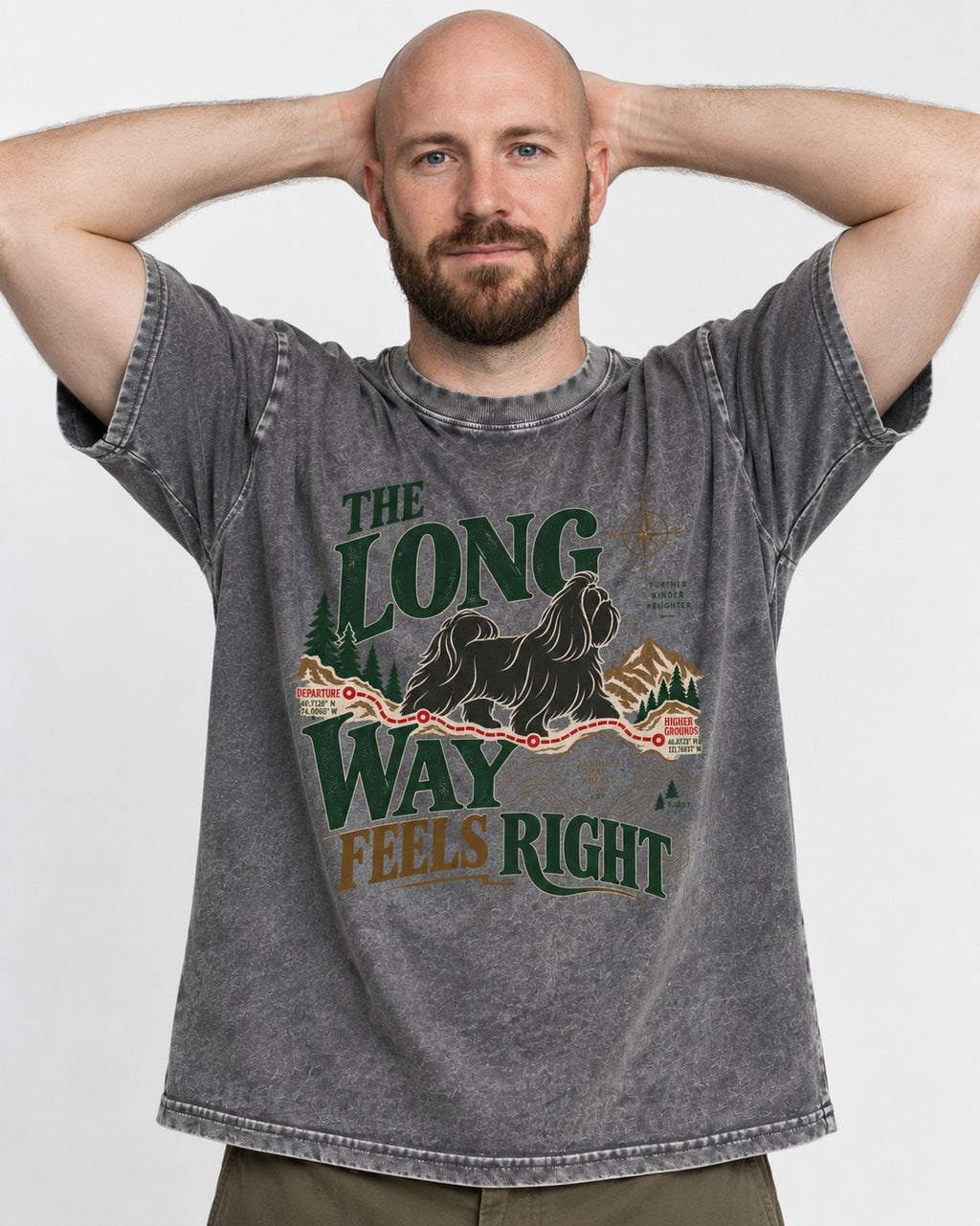 Shih Tzu Takes the Long Way Washed Tee in Gray, worn by a model