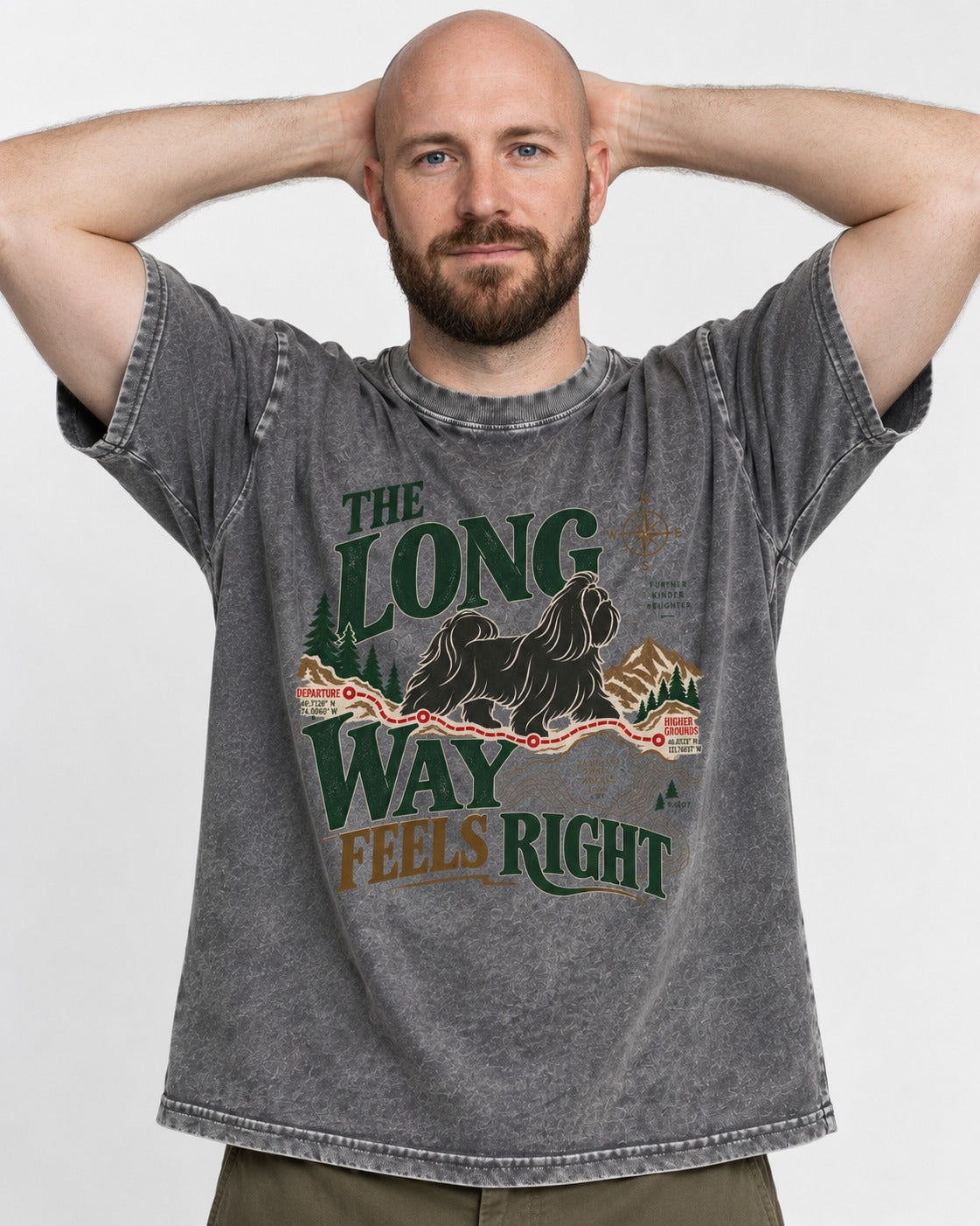 Shih Tzu Takes the Long Way Washed Tee in Gray, worn by a model