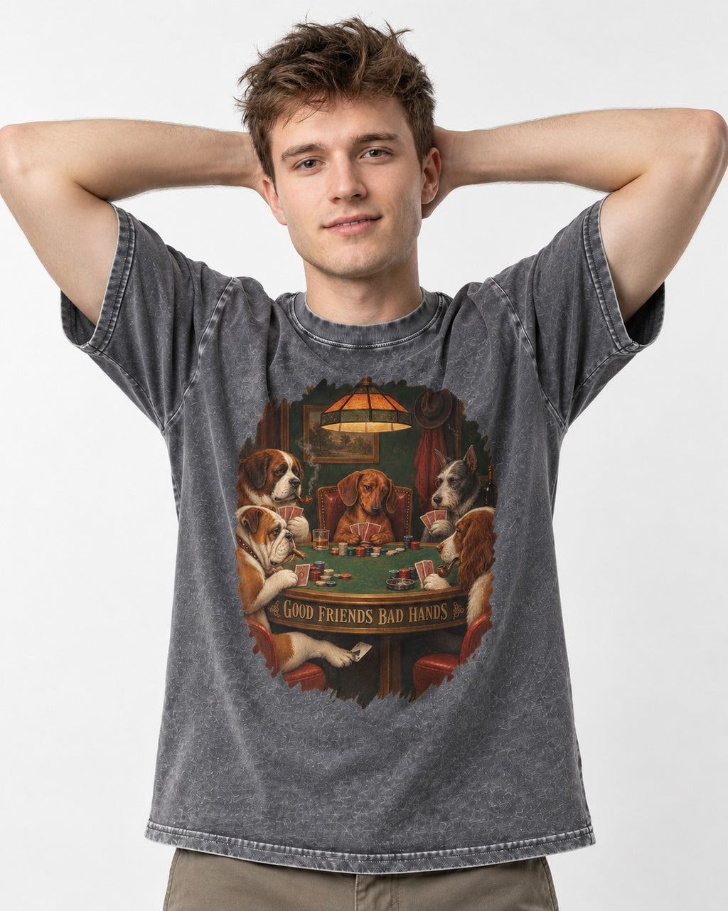 Dachshund Good Friends Bad Hands Poker Scene Washed Tee in Gray, worn by a model