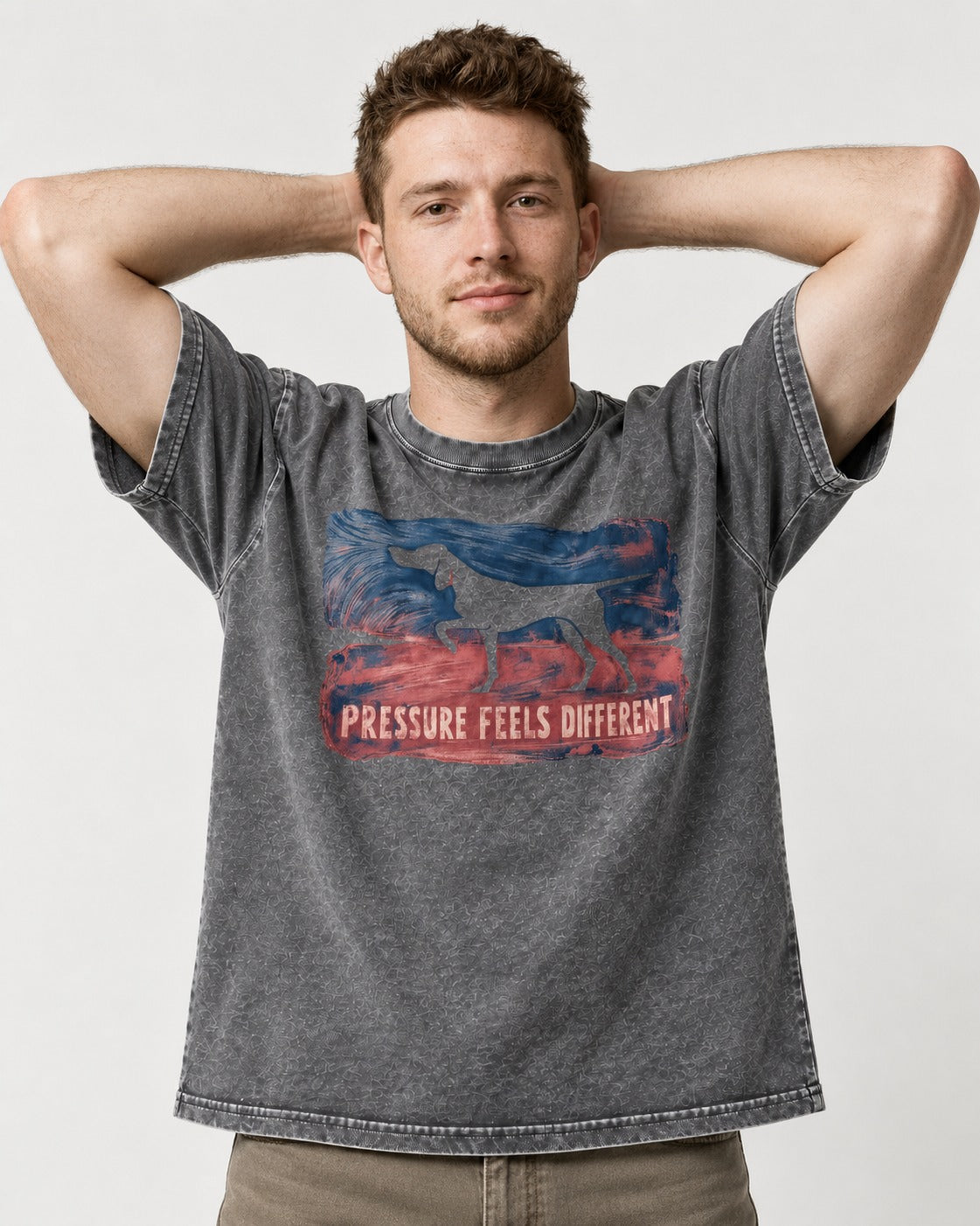 German Shorthaired Pointer Pressure Feels Different Monotype Graphic Washed Tee in Gray, worn by a model