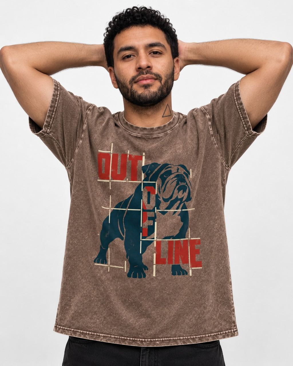 English Bulldog Out of Line Washed Tee in Coffee, worn by a model
