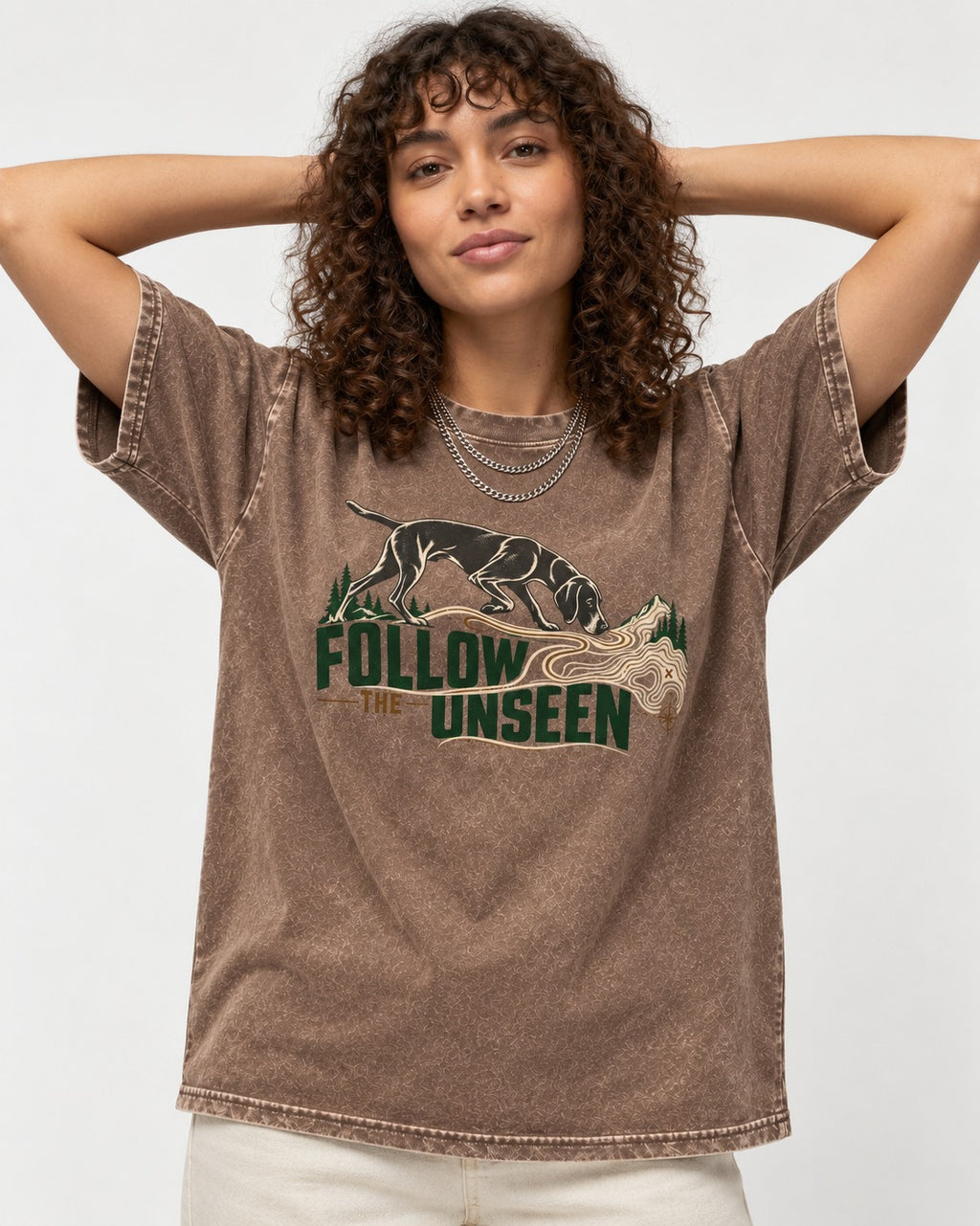 Follow the Unseen German Shorthaired Pointer Washed Tee in Coffee, worn by a model