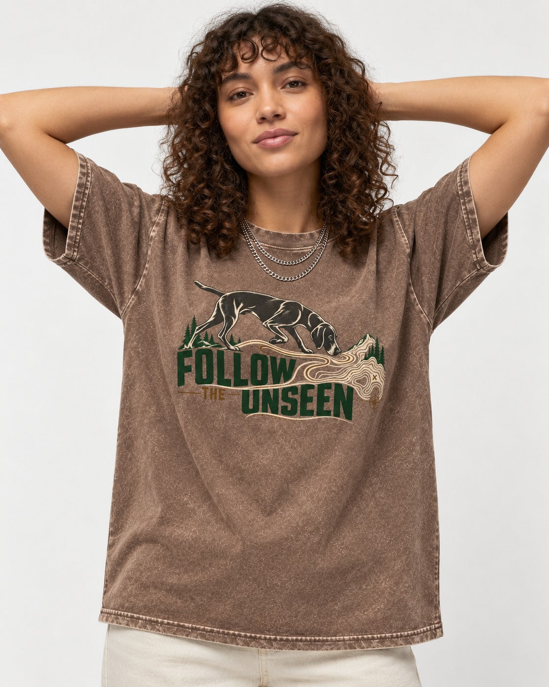 Follow the Unseen German Shorthaired Pointer Washed Tee in Coffee, worn by a model