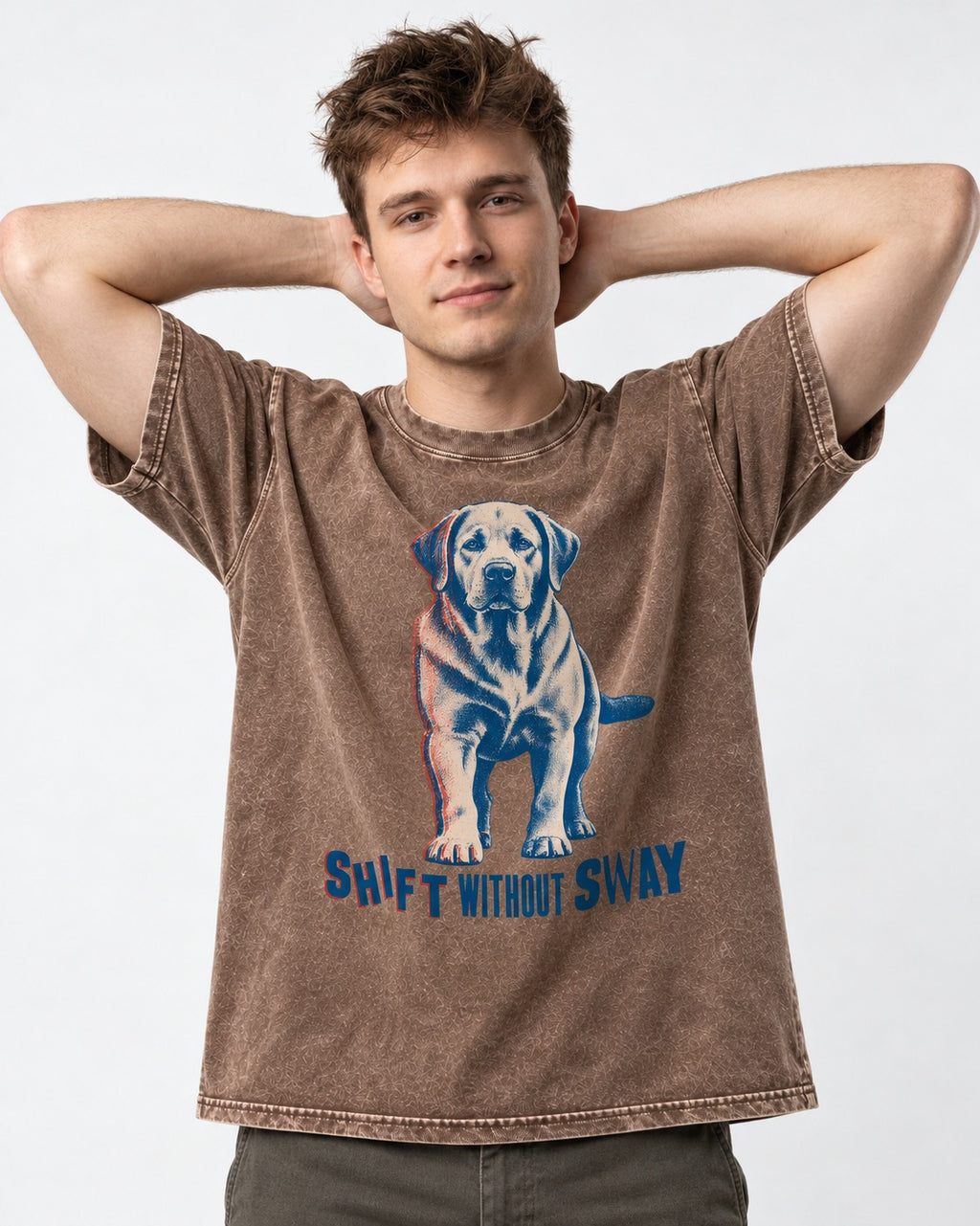 Shift Without Sway Labrador Retriever Washed Tee in Coffee, worn by a model