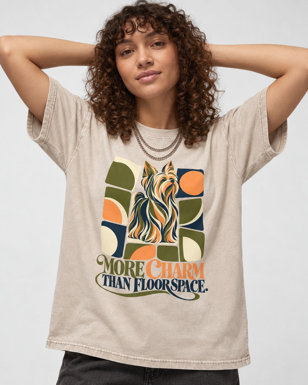 Yorkshire Terrier More Charm Than Space Washed Tee in Apricot, worn by a model
