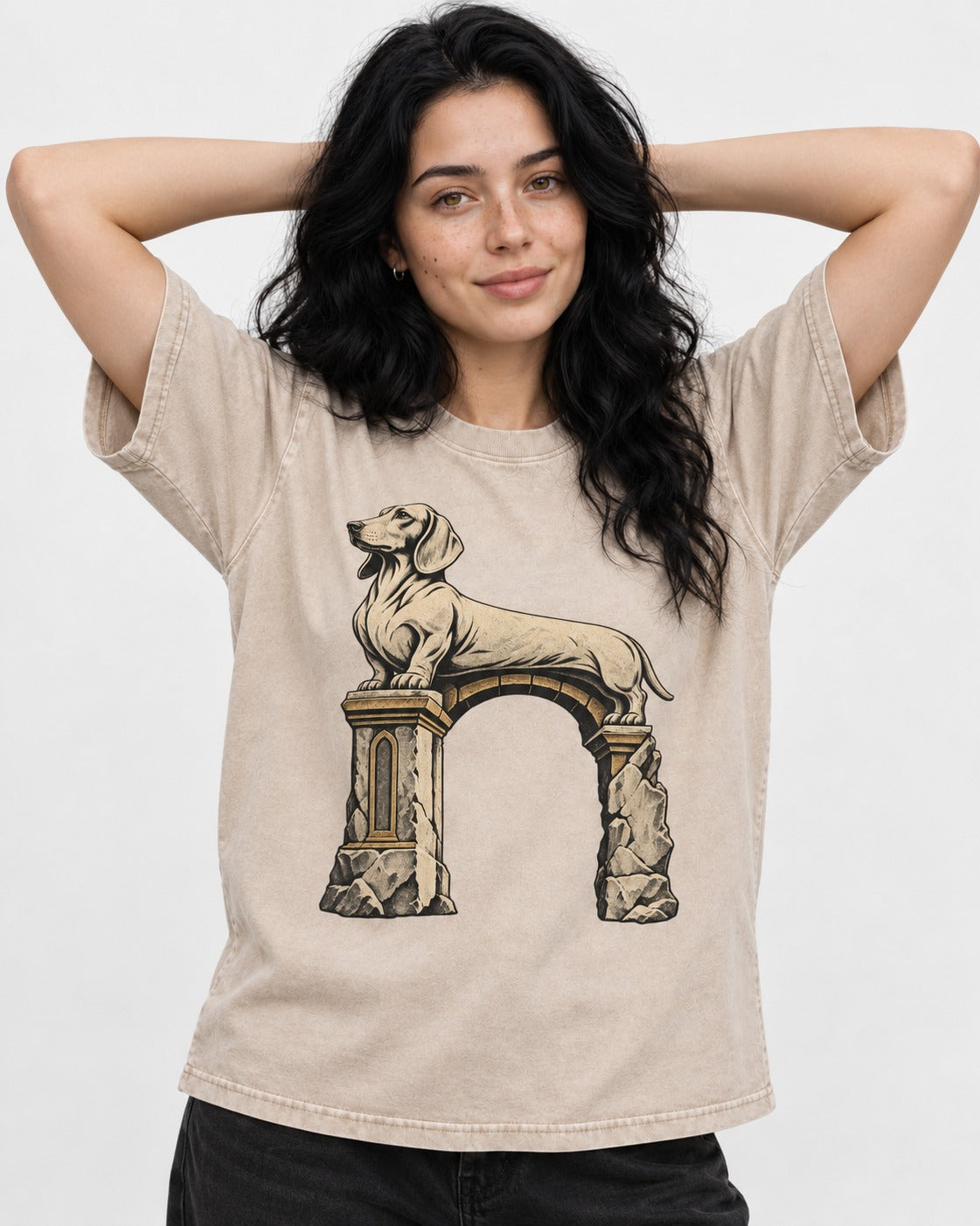 Dachshund Ruined Stone Arch Monument Graphic Washed Tee in Apricot, worn by a model