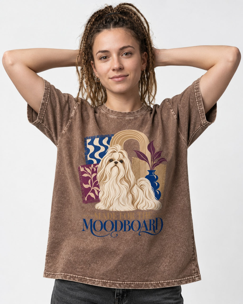 Shih Tzu Made for the Moodboard Boho Interior Graphic Washed Tee in Coffee, worn by a model