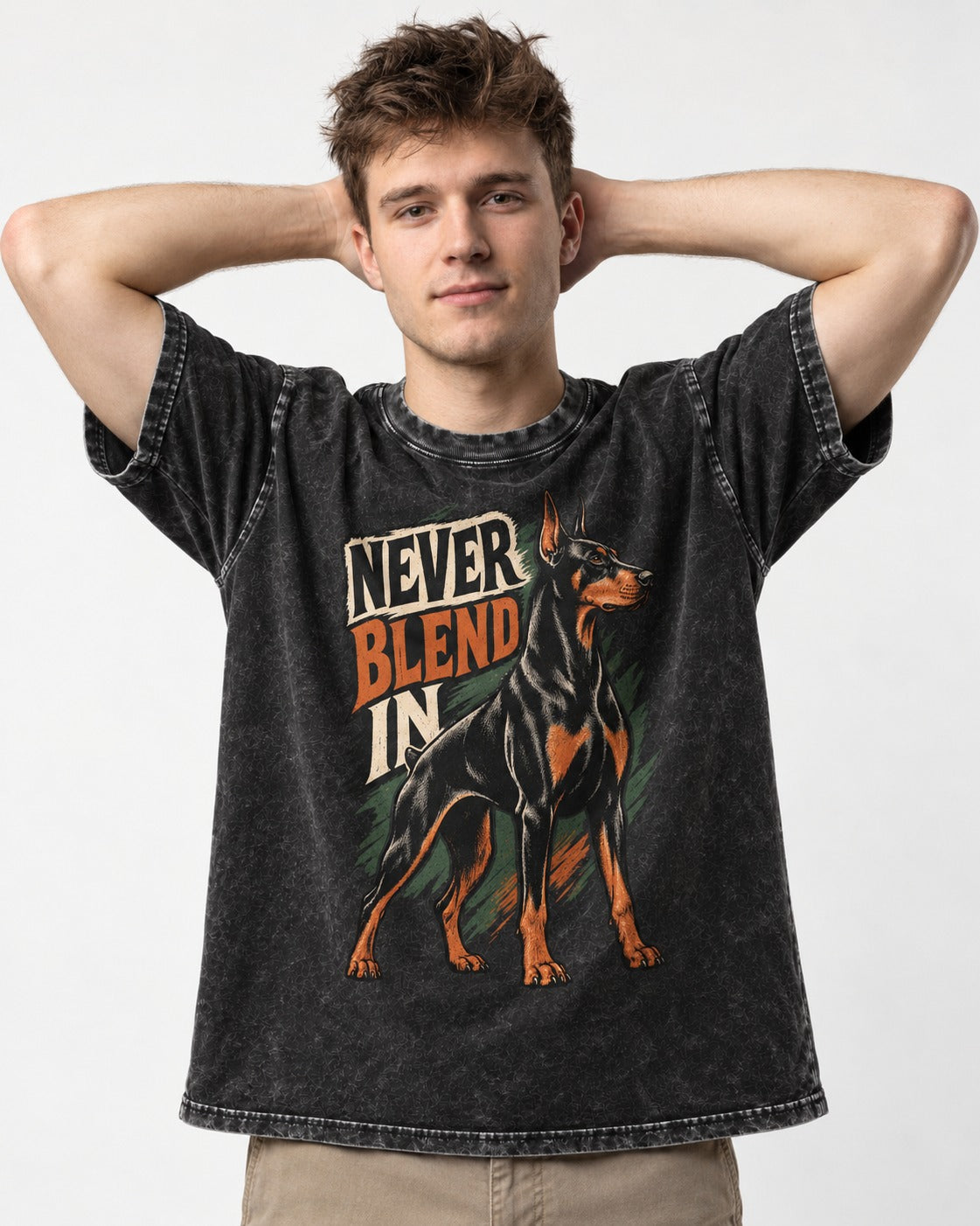 Doberman Never Blend In Brush Graphic Washed Tee in Black, worn by a model