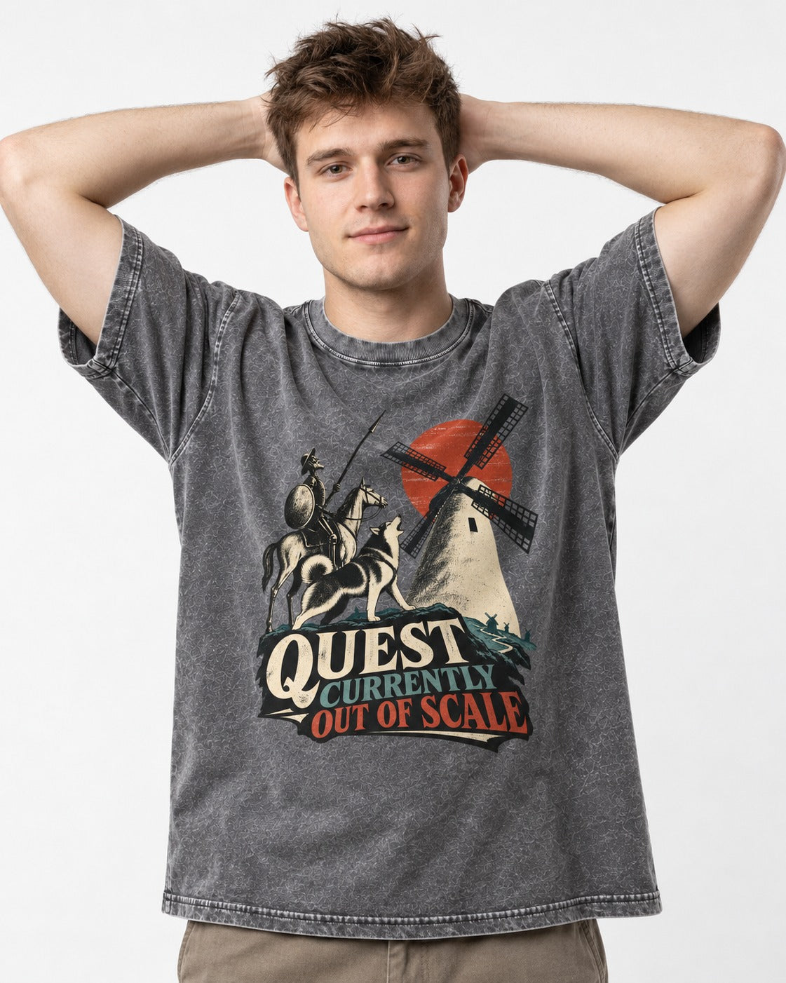 Husky Quest Out of Scale Washed Tee in Gray, worn by a model