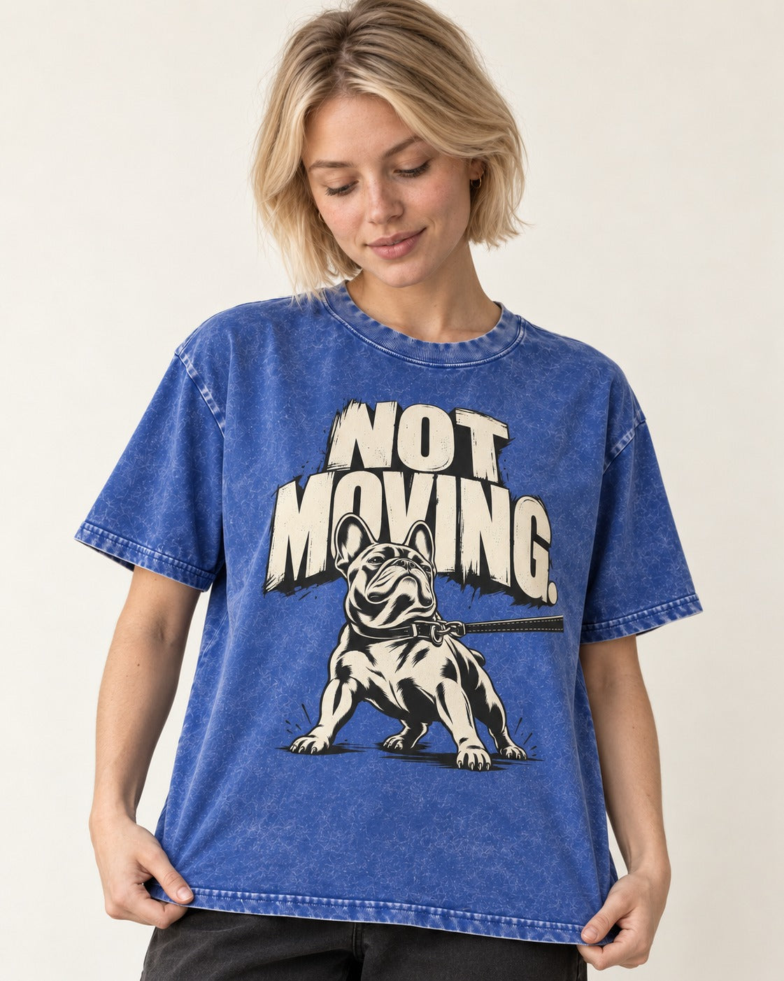 Frenchie Not Moving Taut Leash Poster Washed Tee in Royal Blue, worn by a model