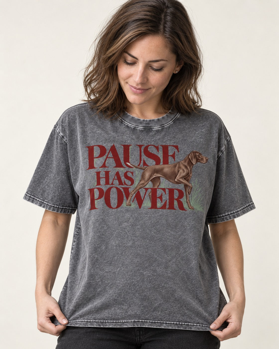 Pause Has Power German Shorthaired Pointer Washed Tee in Gray, worn by a model
