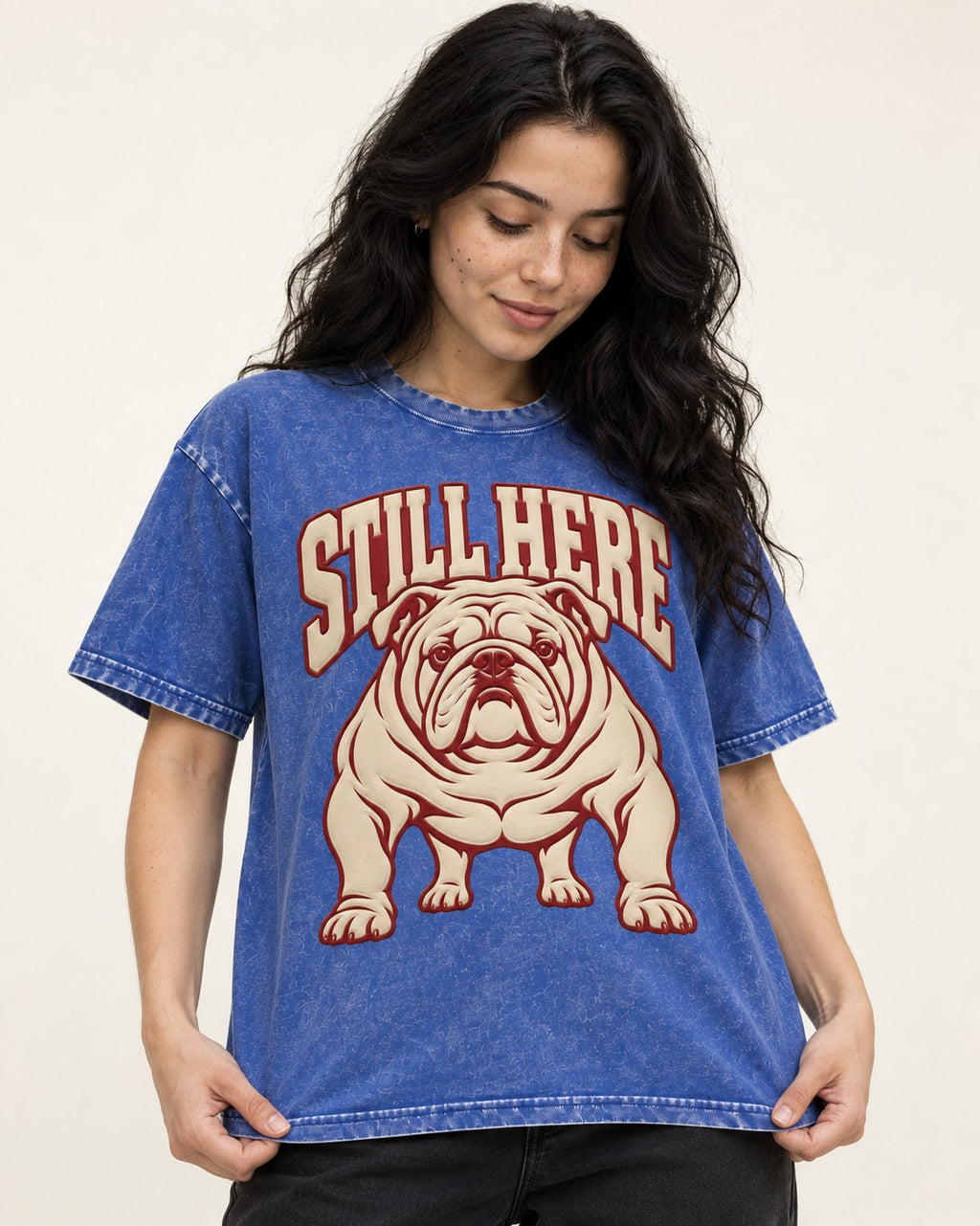 English Bulldog Still Here Collegiate Graphic Washed Tee in Royal Blue, worn by a model