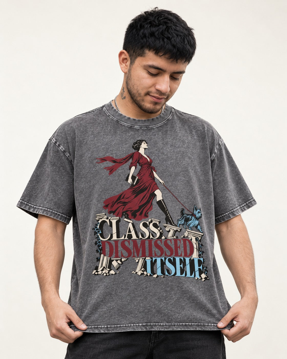 Class Dismissed Itself Yorkshire Terrier Washed Tee in Gray, worn by a model