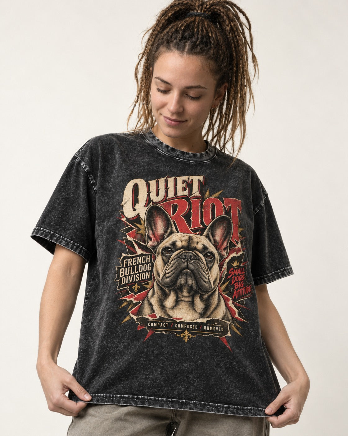 Frenchie Quiet Riot Division Emblem Washed Tee in Black, worn by a model