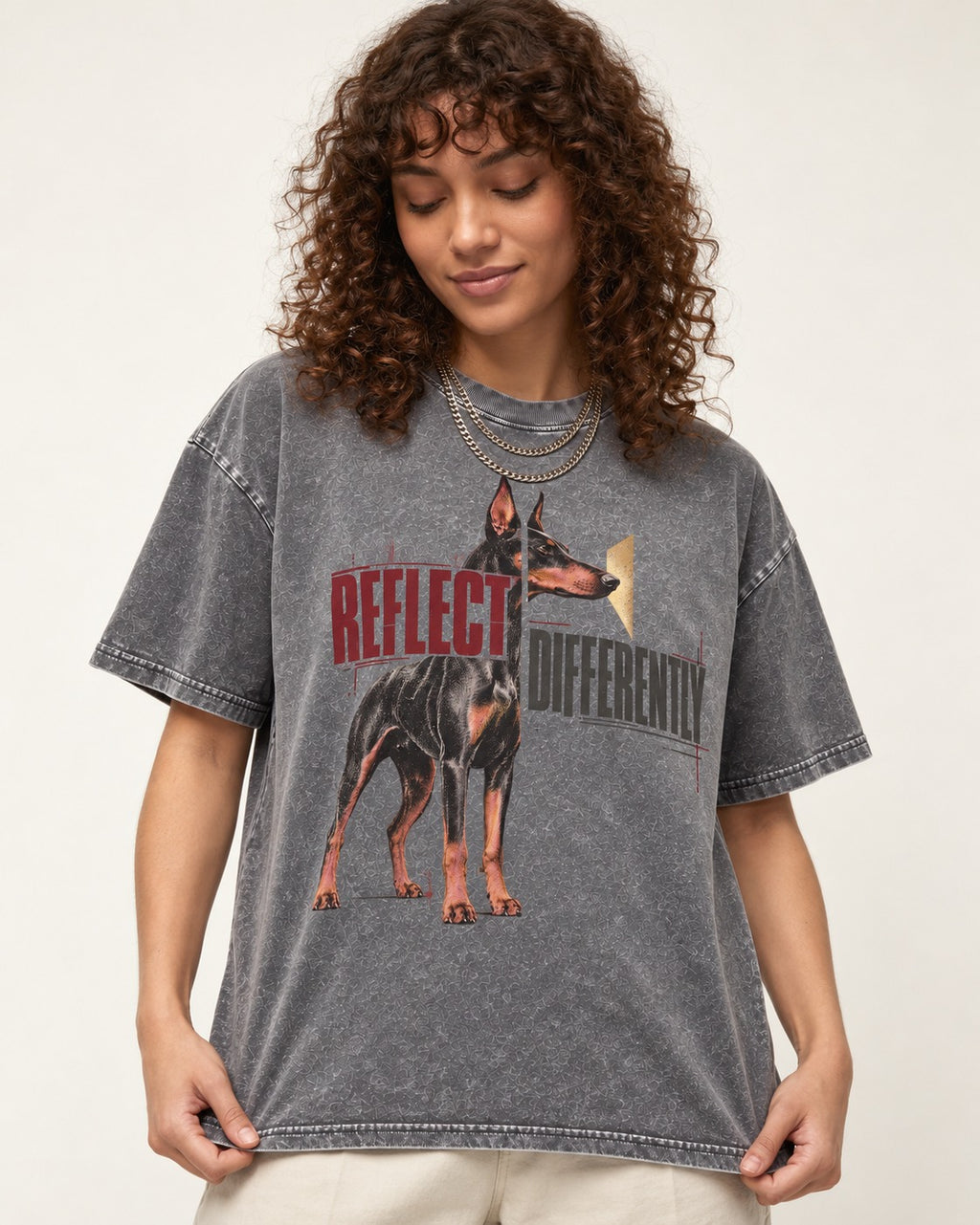 Doberman Reflects Differently Washed Tee in Gray, worn by a model