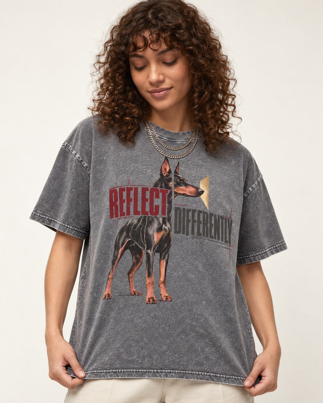 Doberman Reflects Differently Washed Tee in Gray, worn by a model