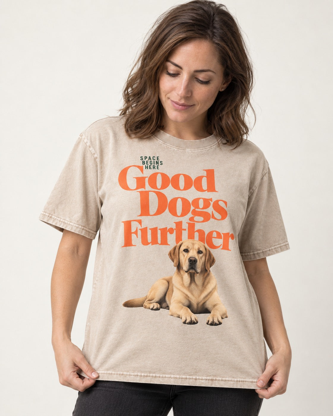 Good Labrador Retriever Goes Further Washed Tee in Apricot, worn by a model