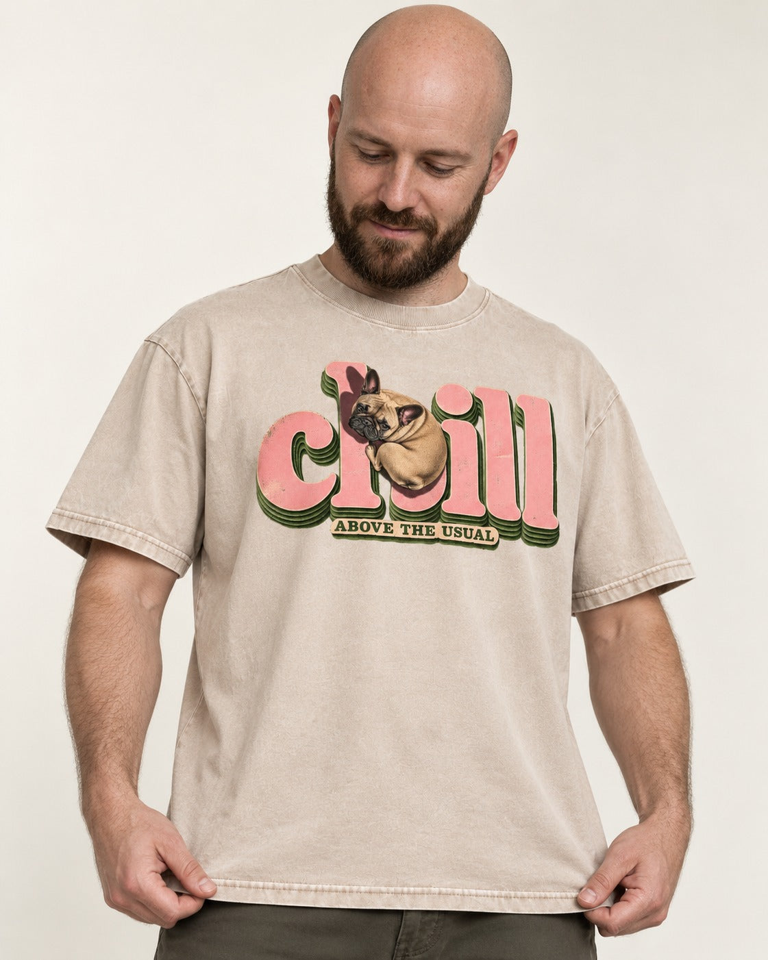 Frenchie Chill Washed Tee in Apricot, worn by a model