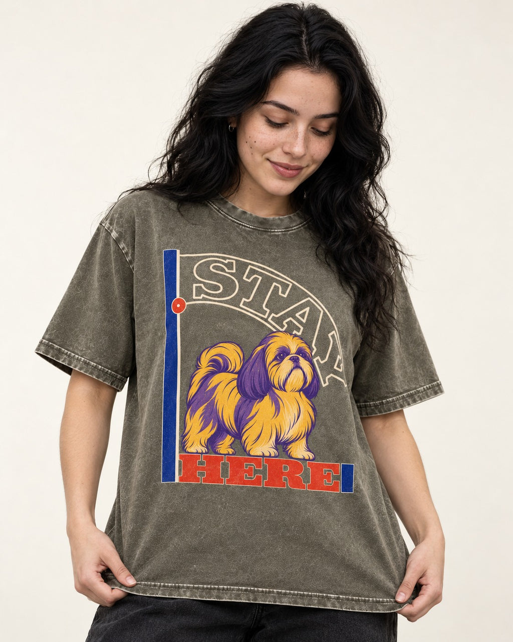 Shih Tzu Stay Here Semicircle Sign Graphic Washed Tee in Army Green, worn by a model