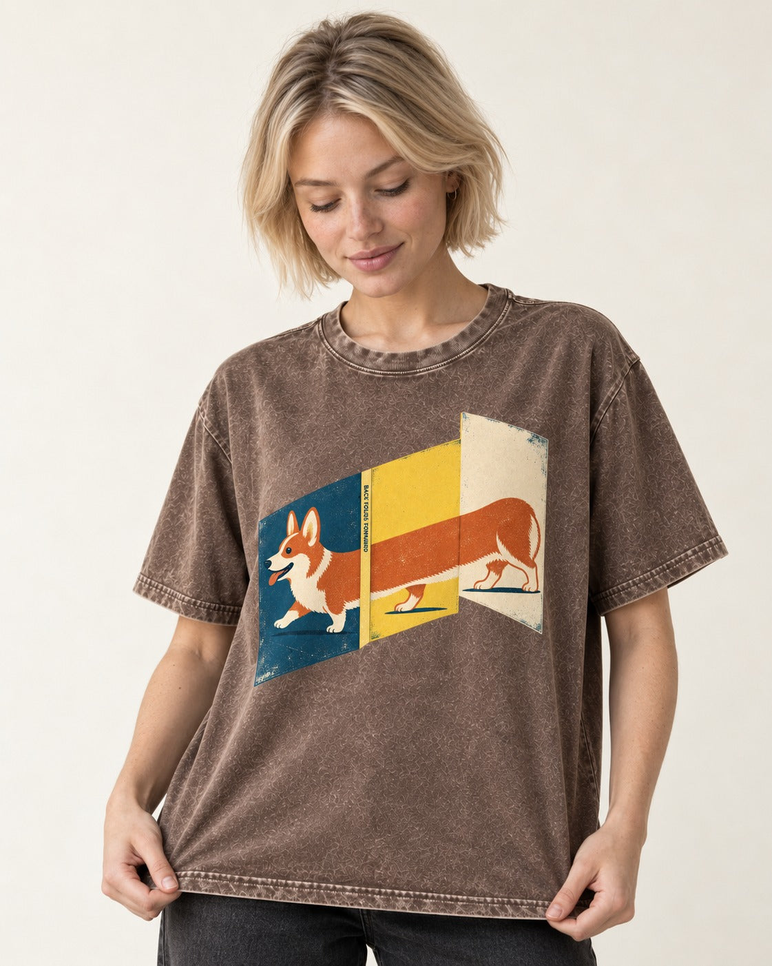 Corgi Back Folds Forward Panels Washed Tee in Coffee, worn by a model