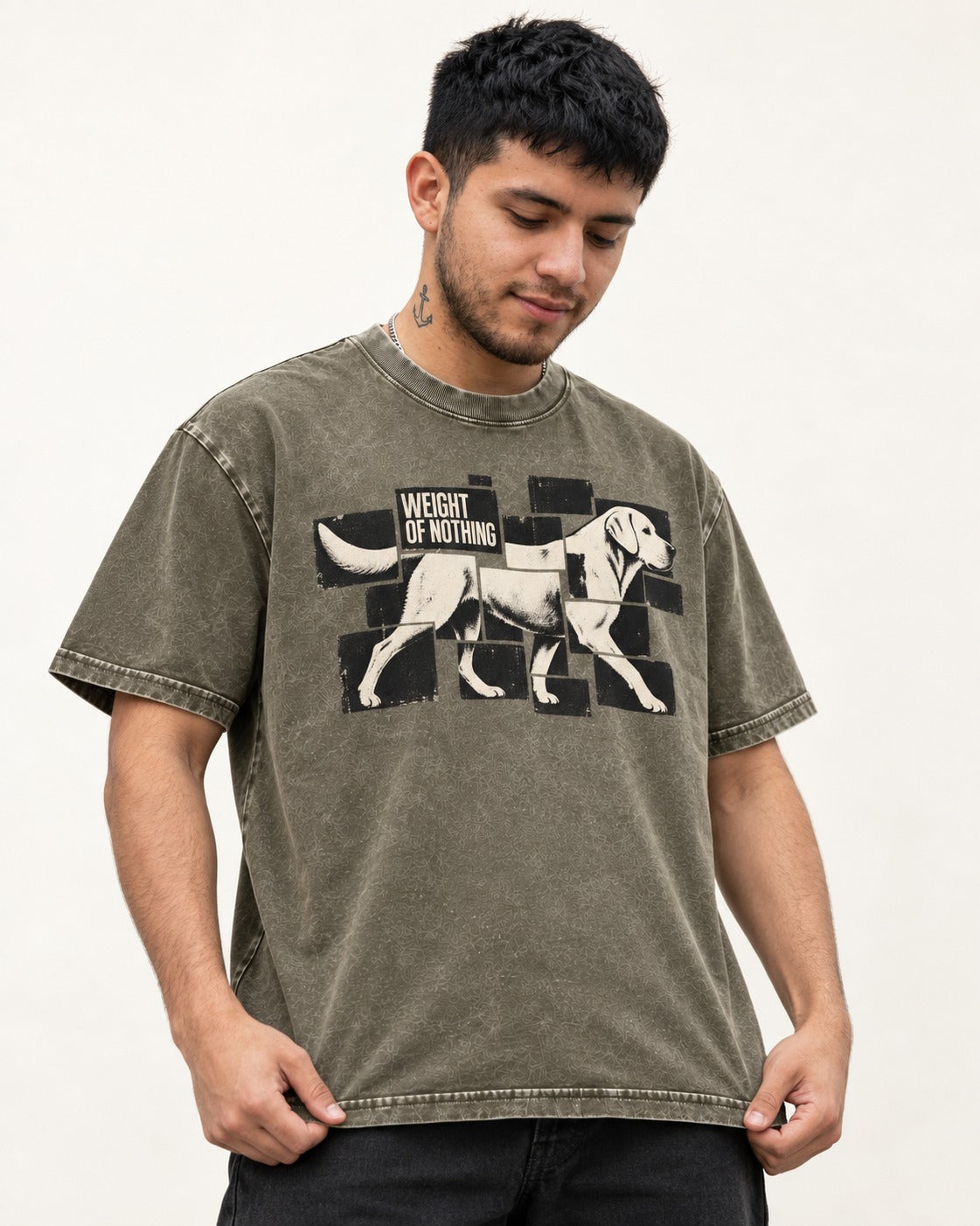 Labrador Retriever Weight of Nothing Fragmented Tile Graphic Washed Tee in Army Green, worn by a model