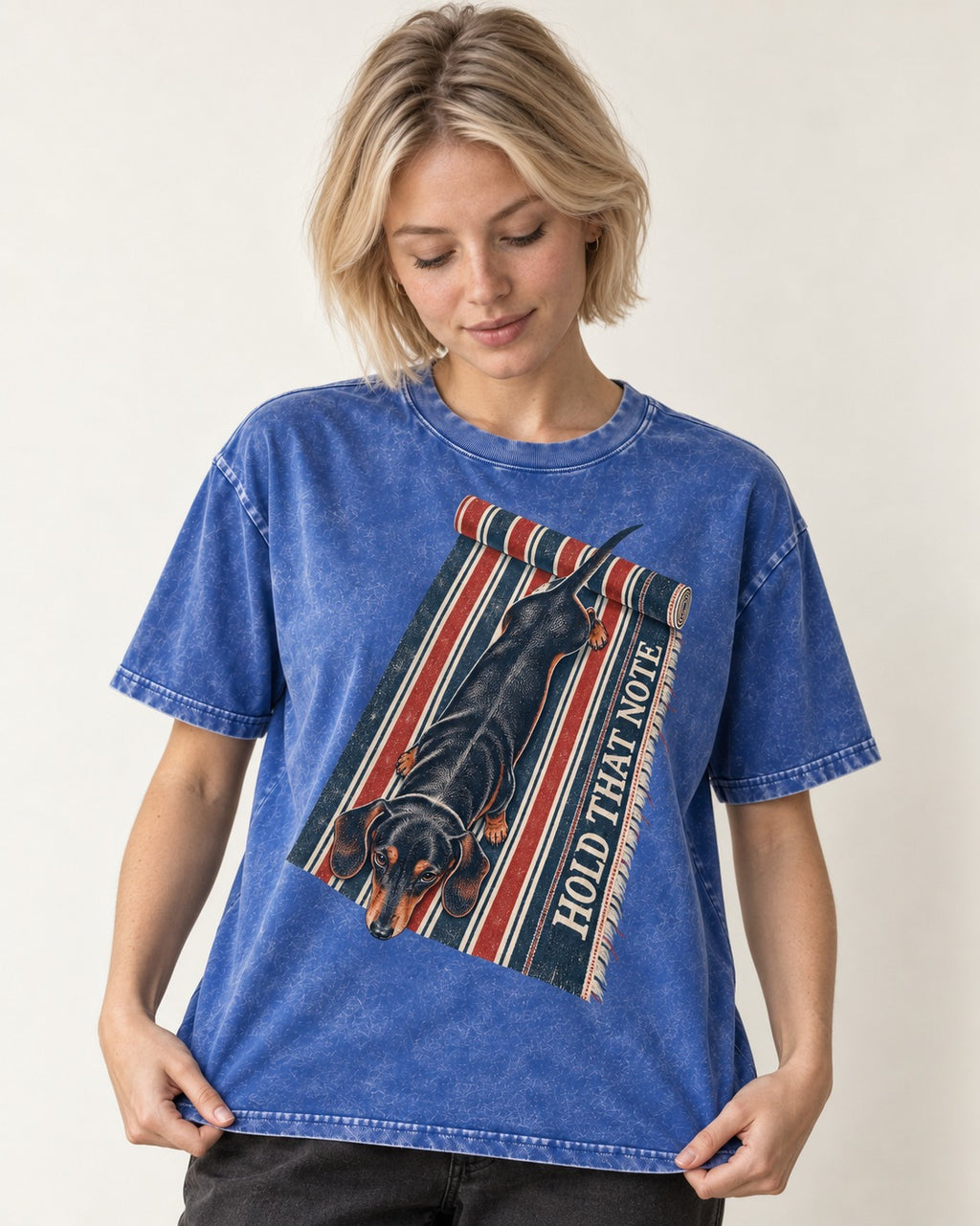 Dachshund Hold That Note Striped Rug Graphic Washed Tee in Royal Blue, worn by a model