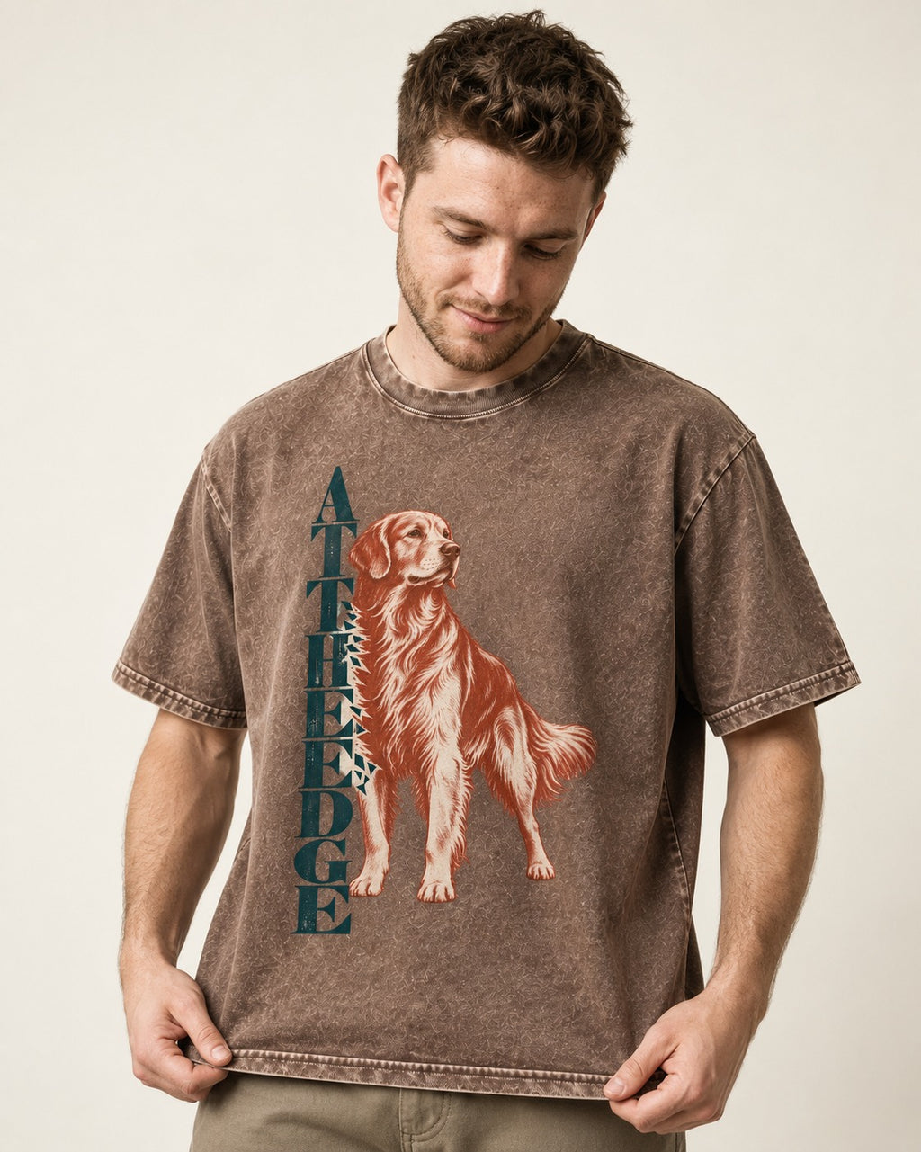Golden Retriever At the Edge Washed Tee in Coffee, worn by a model