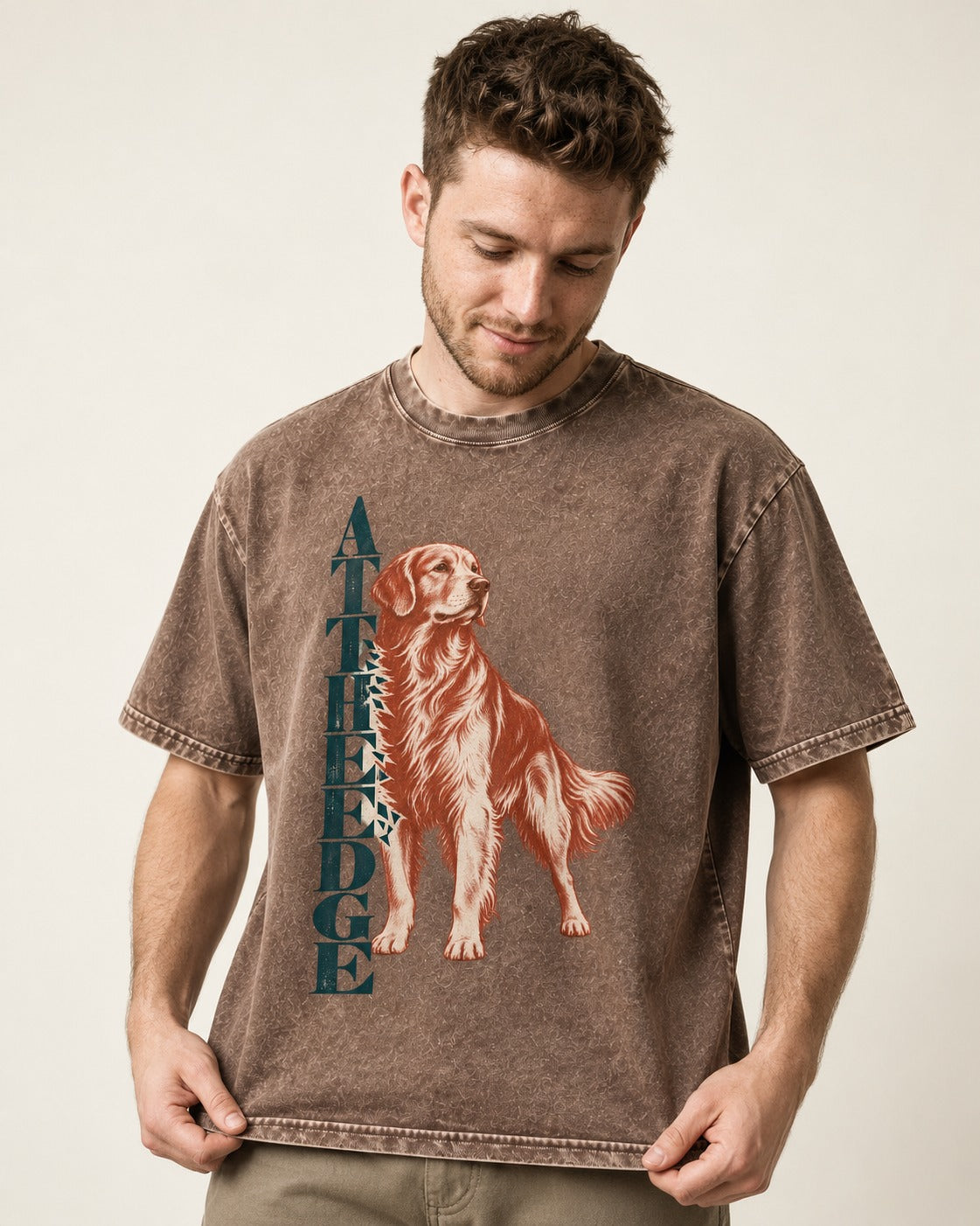Golden Retriever At the Edge Washed Tee in Coffee, worn by a model