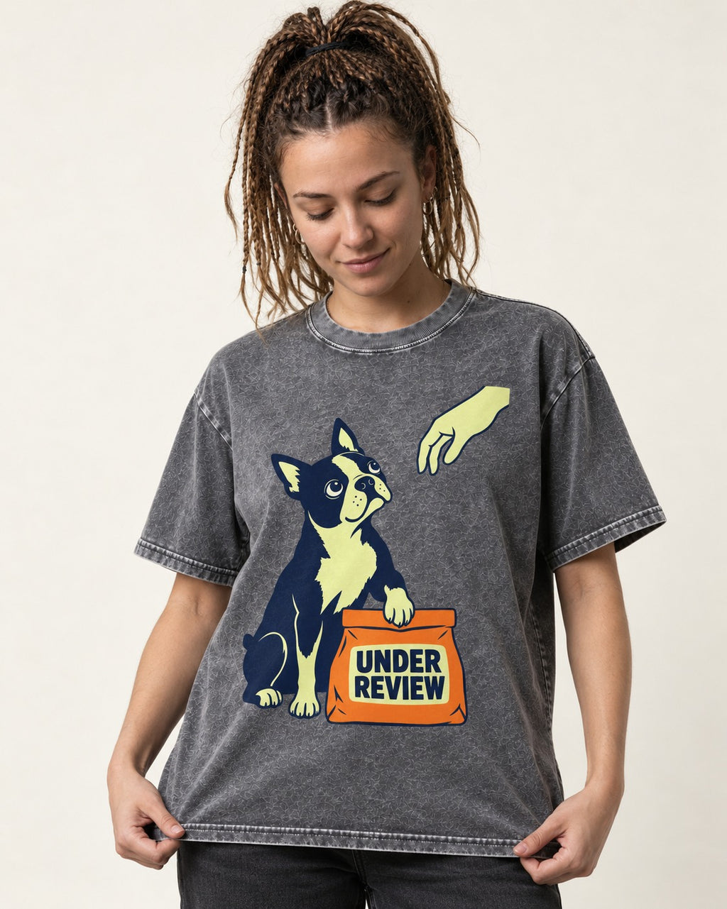 Boston Terrier Under Review Washed Tee in Gray, worn by a model