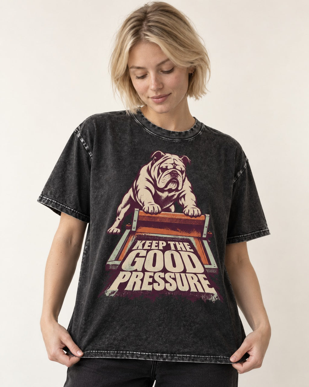 English Bulldog Keep the Good Pressure Printing Press Graphic Washed Tee in Black, worn by a model