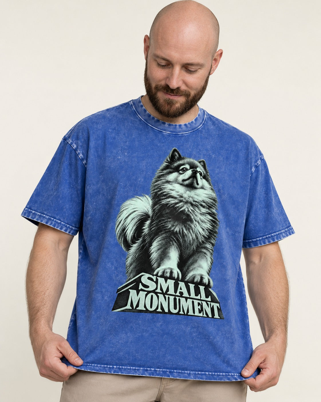 Pomeranian Small Monument Pedestal Graphic Washed Tee in Royal Blue, worn by a model