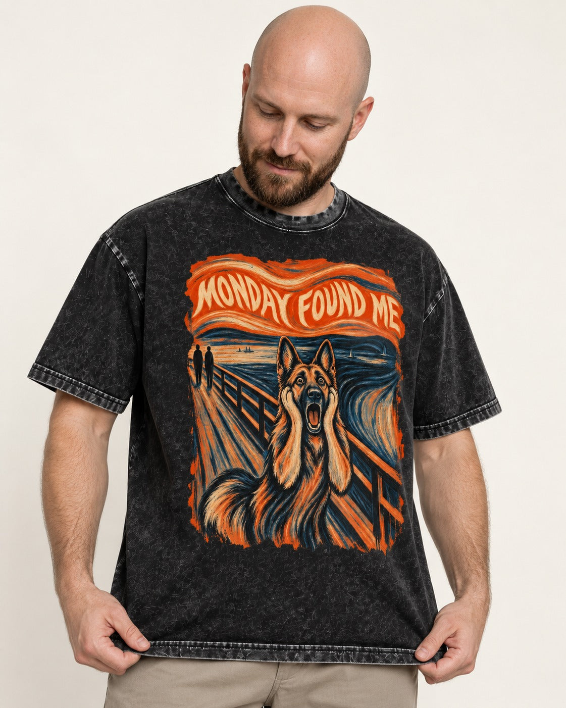 German Shepherd Dog Monday Found Me Scream Graphic Washed Tee in Black, worn by a model