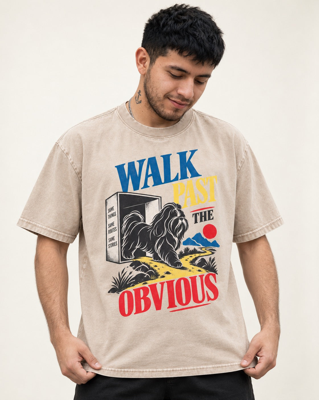 Shih Tzu Walk Past the Obvious Washed Tee in Apricot, worn by a model