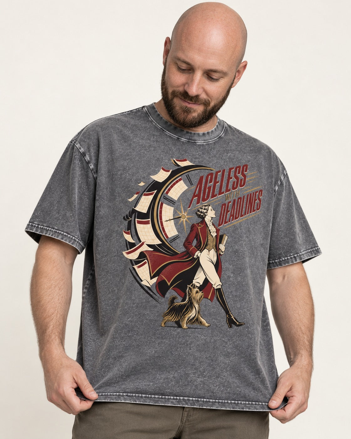 Yorkshire Terrier Ageless with Deadlines Calendar Clock Graphic Washed Tee in Gray, worn by a model