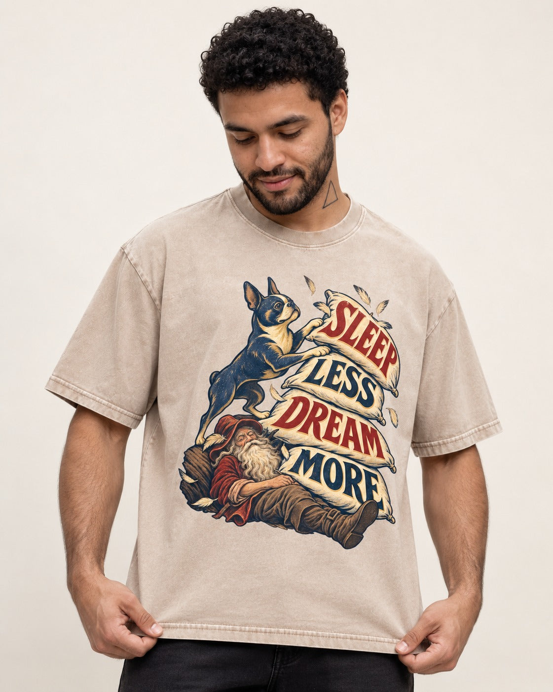 Boston Terrier Sleep Less Dream More Washed Tee in Apricot, worn by a model