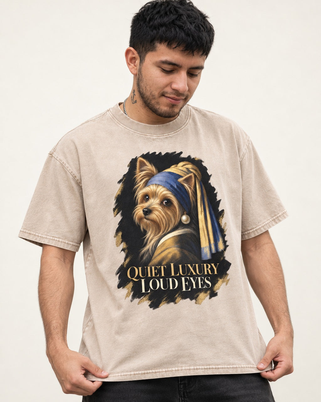 Yorkshire Terrier Quiet Luxury Loud Eyes Pearl Portrait Graphic Washed Tee in Apricot, worn by a model