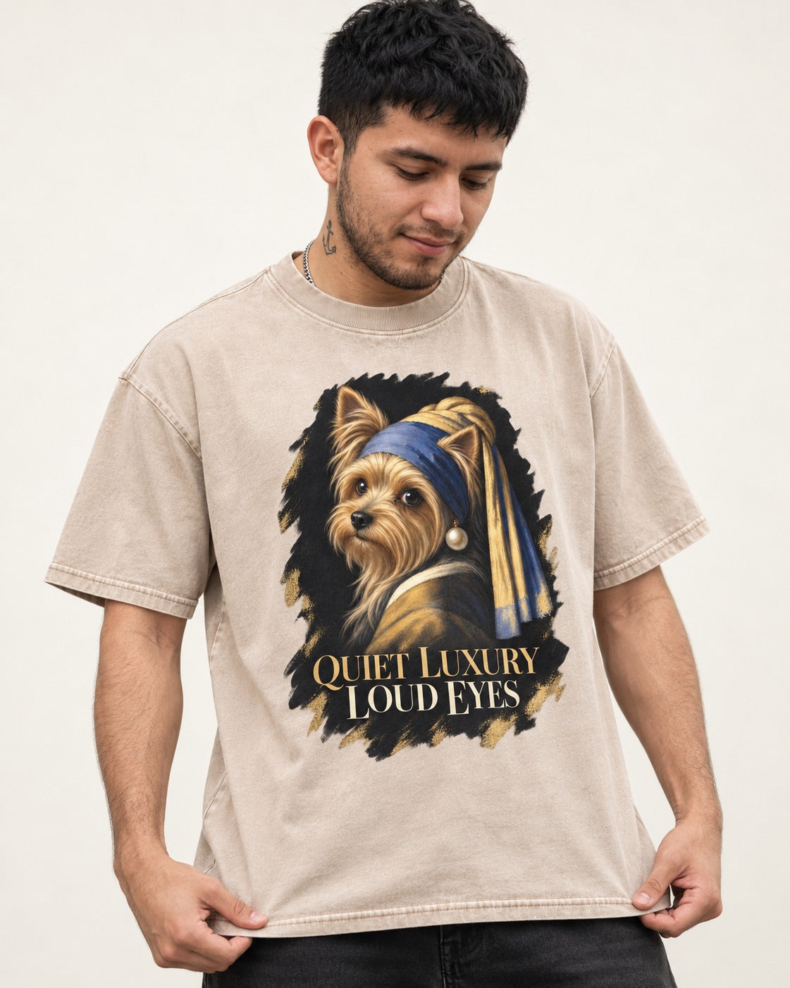 Yorkshire Terrier Quiet Luxury Loud Eyes Pearl Portrait Graphic Washed Tee in Apricot, worn by a model