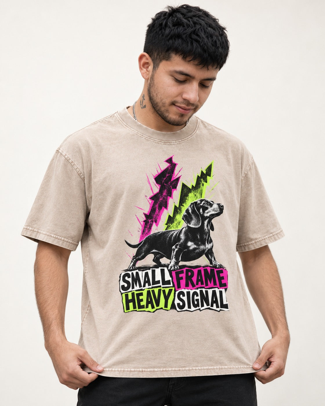Dachshund Small Frame Heavy Signal Washed Tee in Apricot, worn by a model
