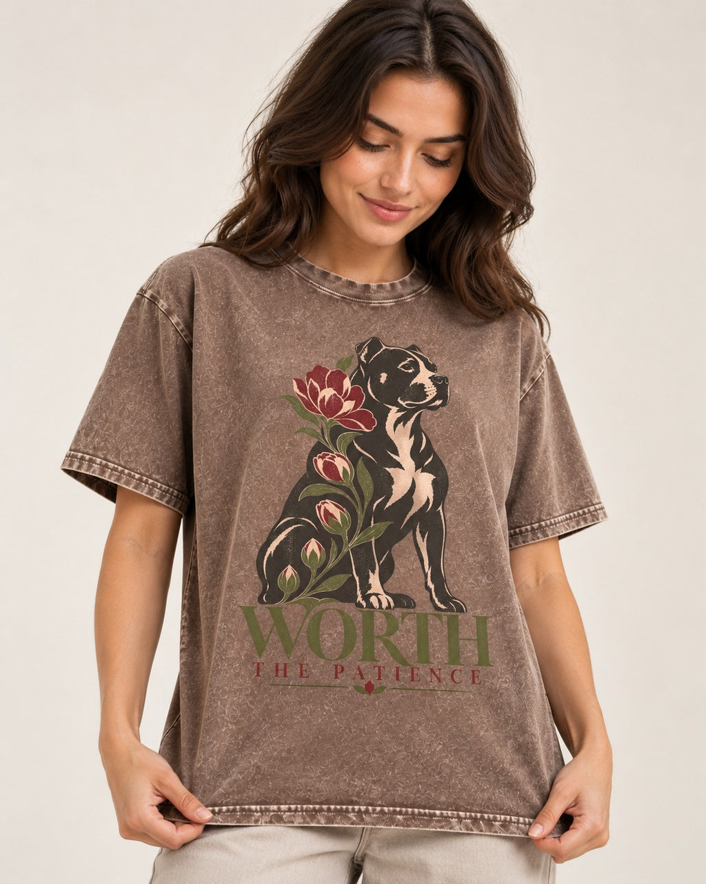 Pitbull Worth the Patience Washed Tee in Coffee, worn by a model