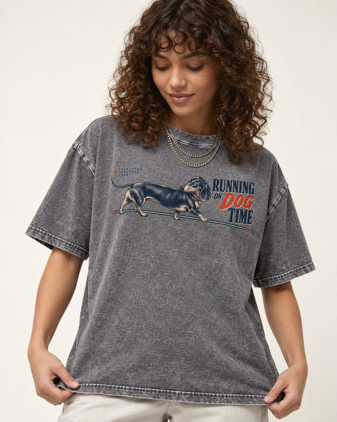 Dachshund Lengthens Life Washed Tee in Gray, worn by a model