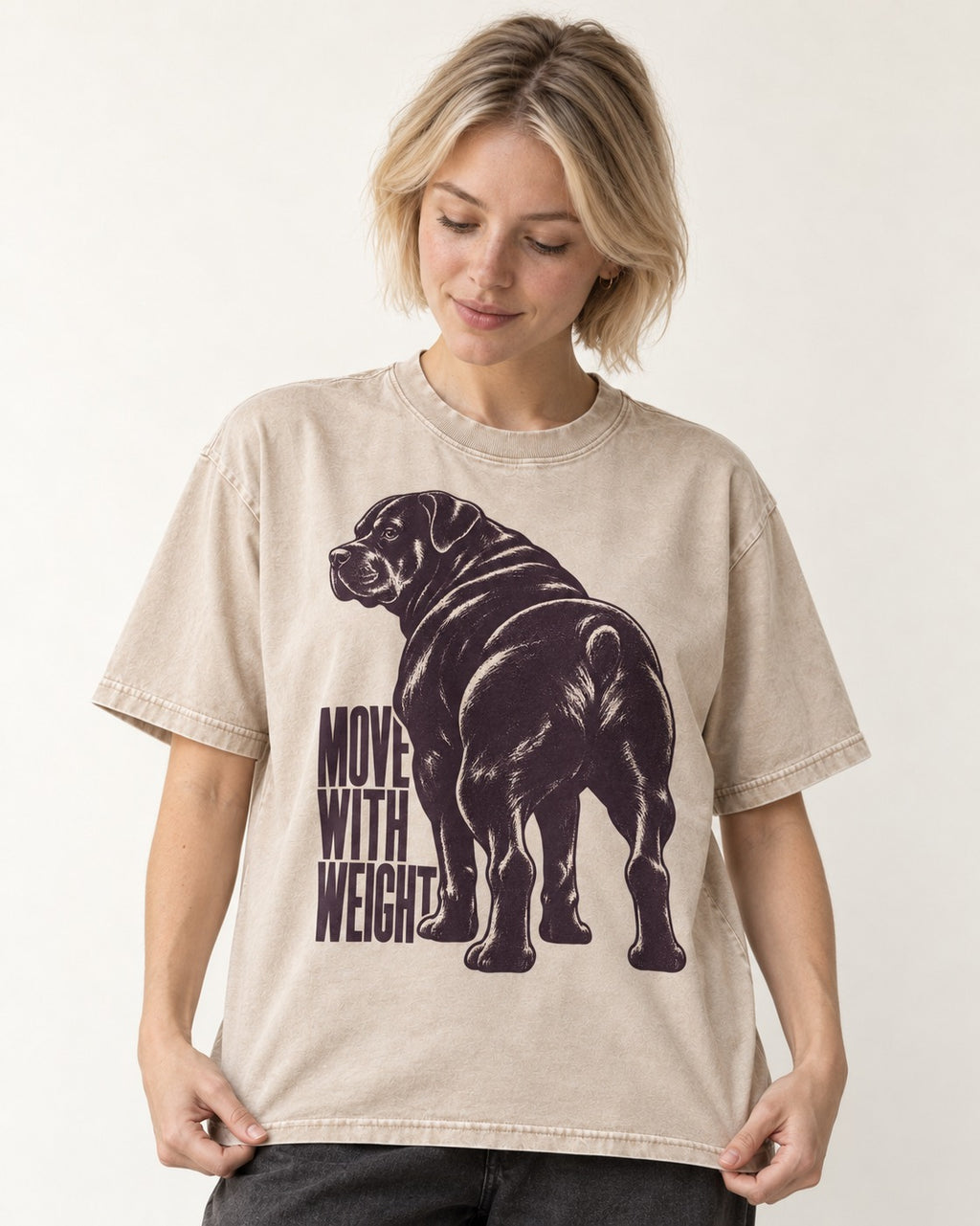 Rottweiler Moves with Weight Washed Tee in Apricot, worn by a model
