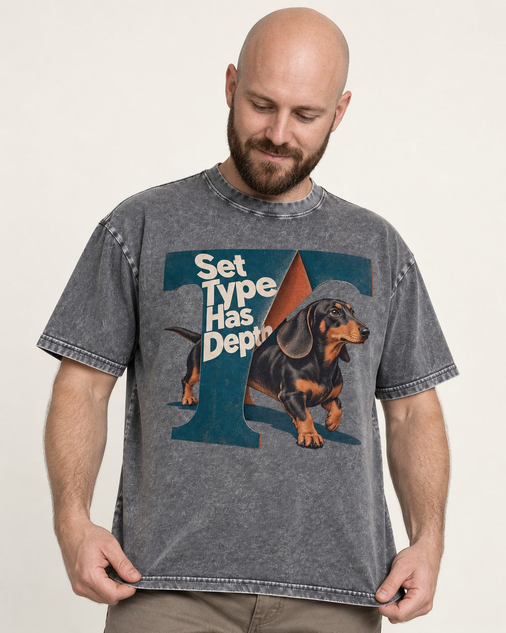 Dachshund Set Type Has Depth Folded Letter Graphic Washed Tee in Gray, worn by a model