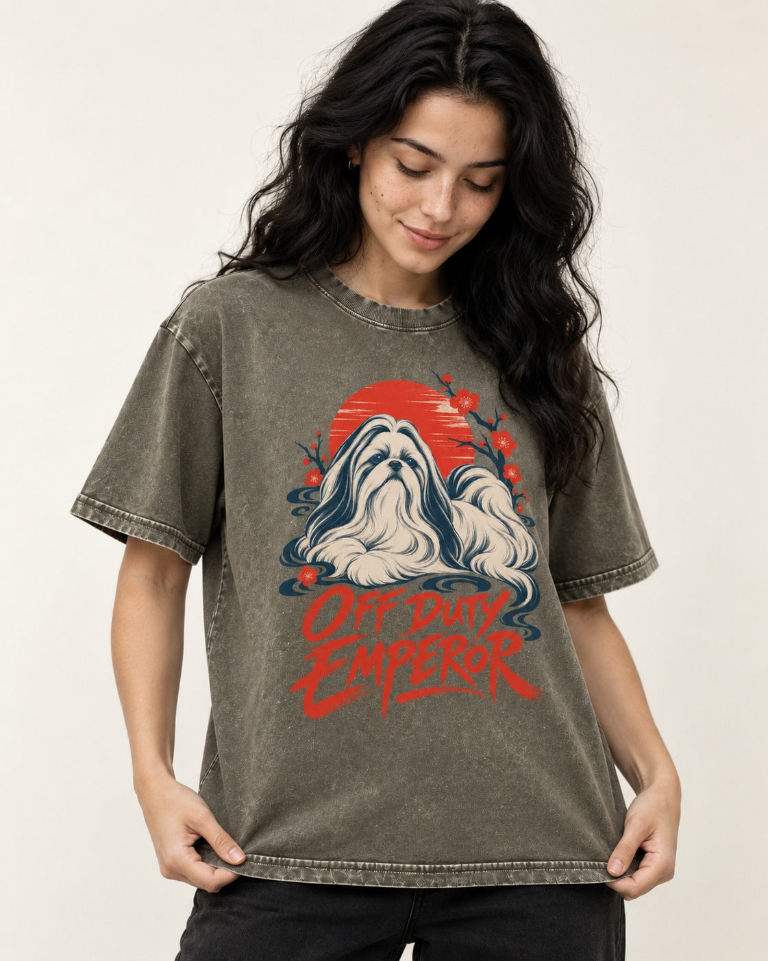 Shih Tzu Off Duty Emperor Sunset Blossom Graphic Washed Tee in Army Green, worn by a model
