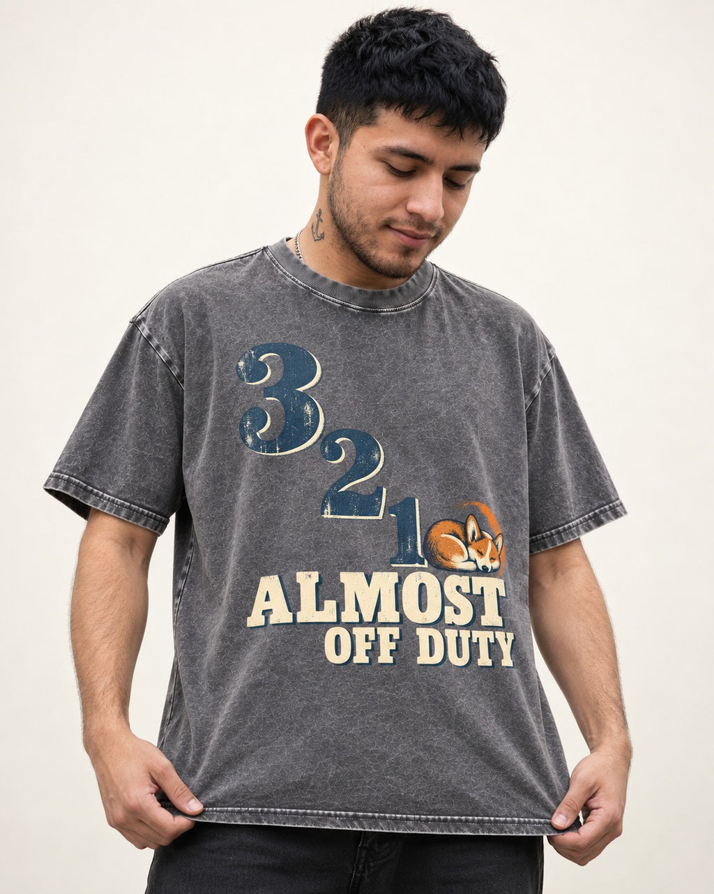Corgi Almost Off Duty Washed Tee in Gray, worn by a model
