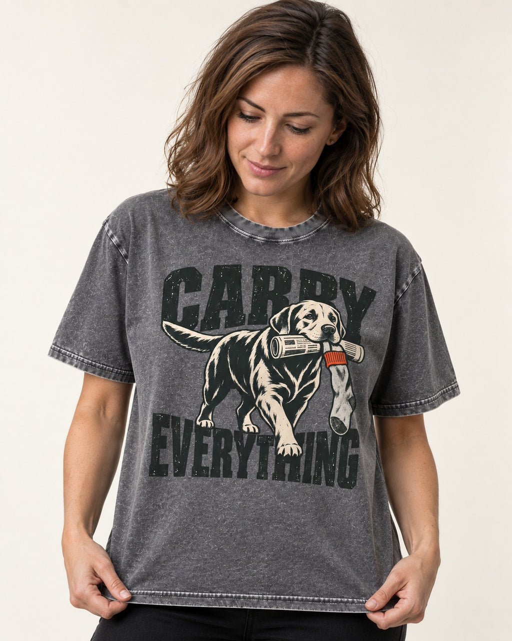 Carry Everything Labrador Retriever Washed Tee in Gray, worn by a model