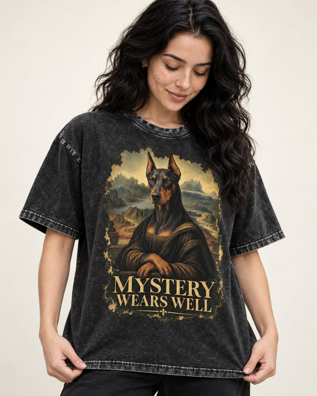Doberman Mystery Wears Well Renaissance Portrait Graphic Washed Tee in Black, worn by a model